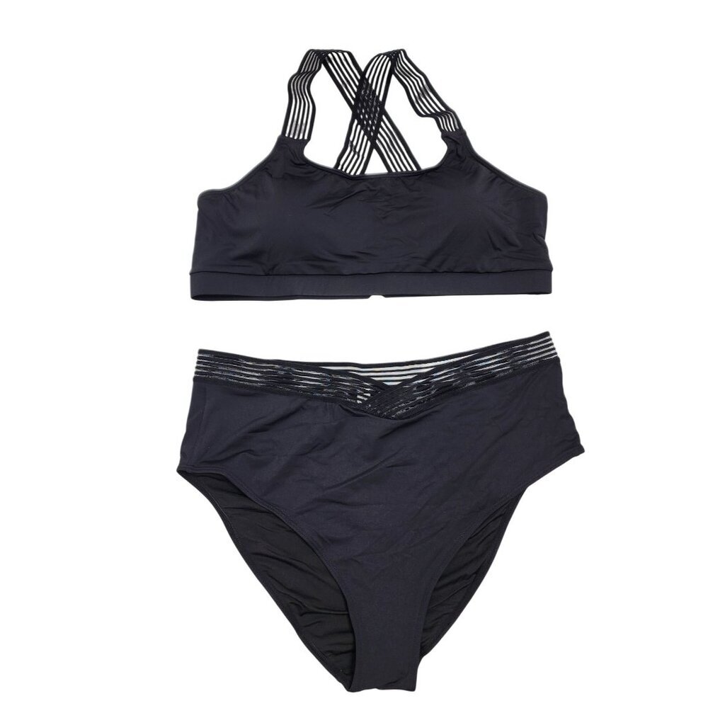 Womens Black High-Waisted Bikini Set W/ Strappy Cross Back Top - Size XXL